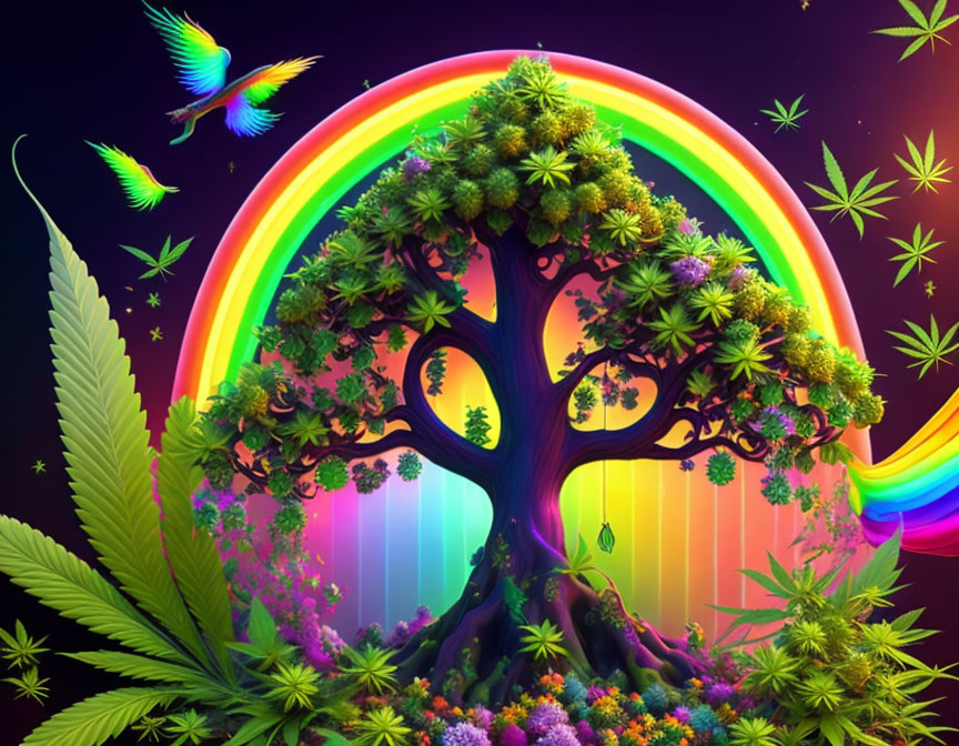 Colorful artwork: lush tree, rainbow backdrop, hummingbirds, cannabis leaves, flowers