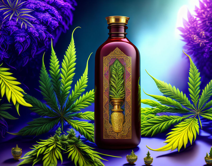 Amber Bottle with Cannabis Leaves on Purple Background