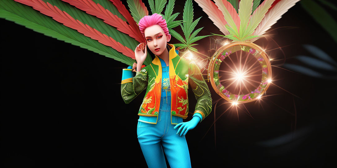 Colorful Outfit Pink-Haired Female Character with Cannabis Leaf and Glowing Circle