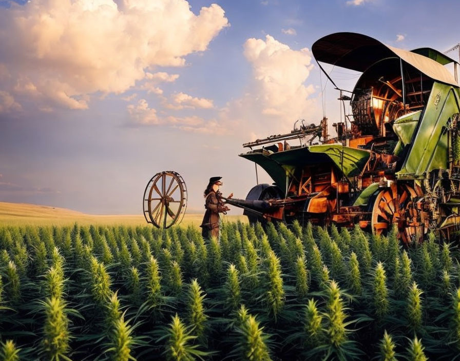 Vintage clothing person by classic harvester in lush field under vast sky