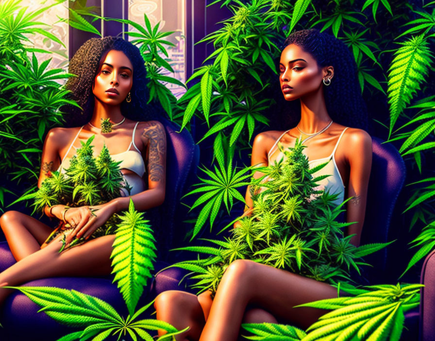 Two tattooed female figures in a cannabis leaf-filled, purple environment.