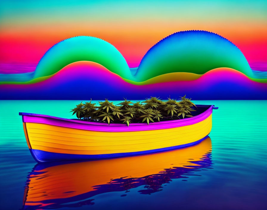 Colorful Boat with Cannabis Plants on Reflective Water Amid Surreal Landscape