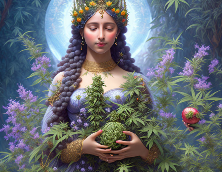 Elaborately adorned woman with greenery sphere in mystical forest landscape