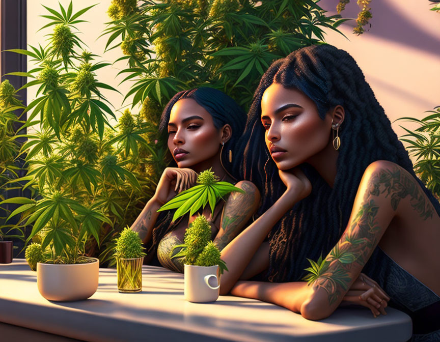 Two women with tattoos in a sunny room with lush green plants