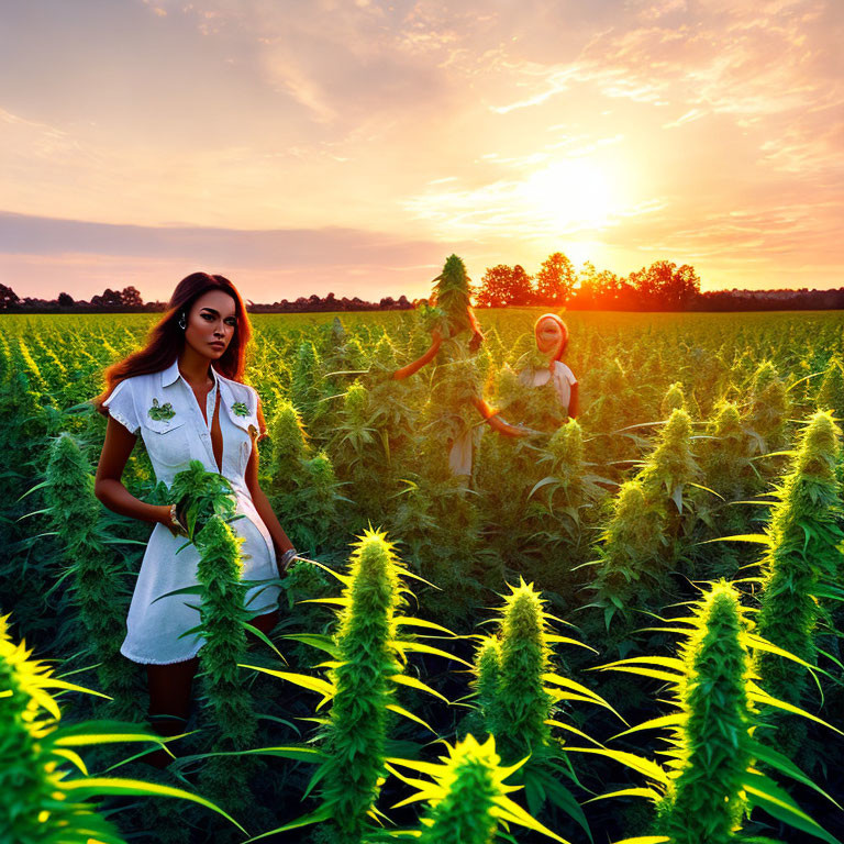 Two women in green plants field at sunset