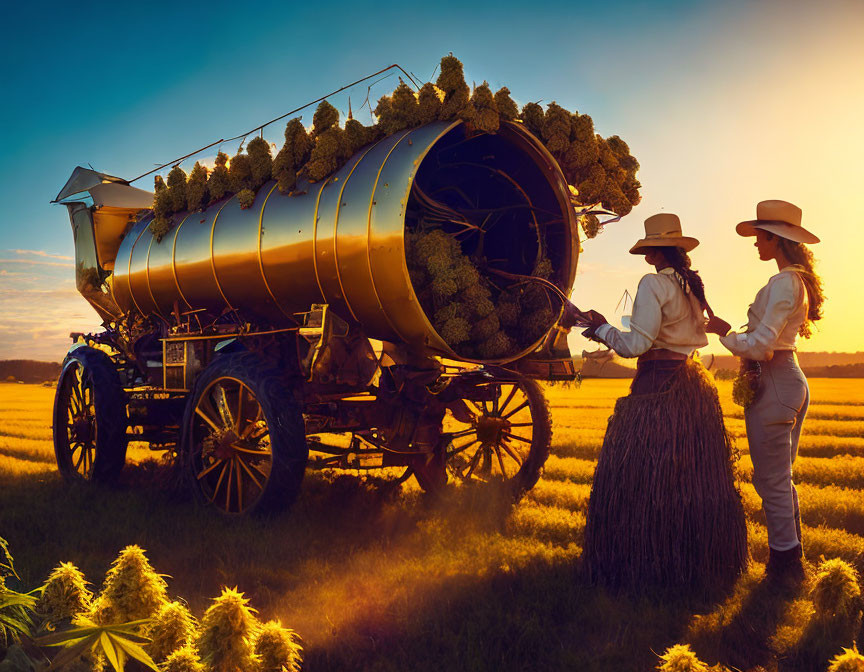 Cowboy-hat clad individuals with hay wagon at sunset in field