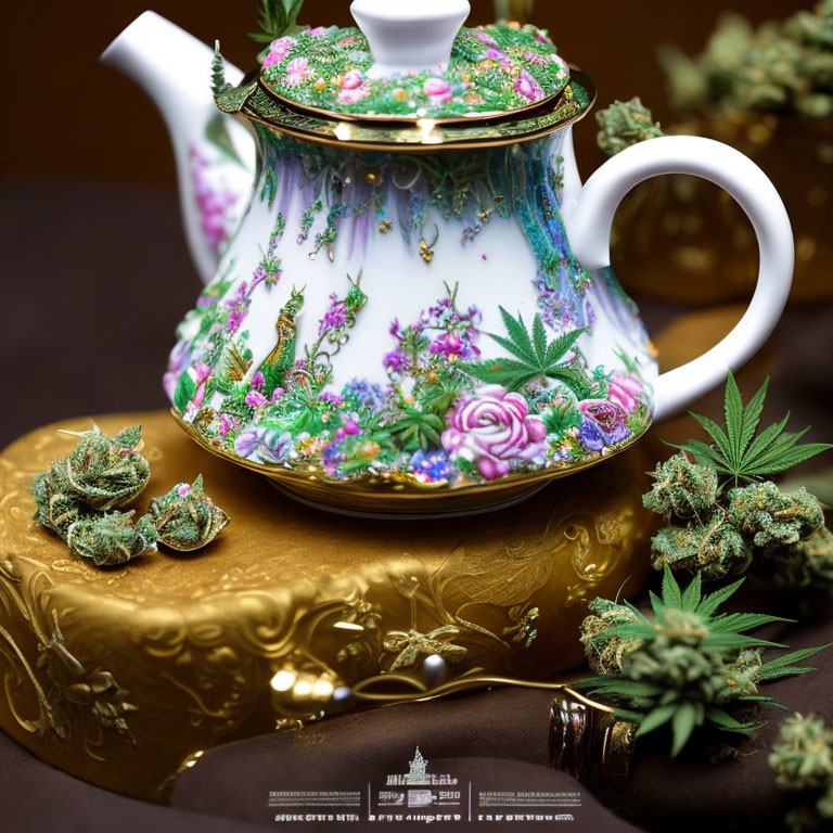 Floral Patterned Teapot with Cannabis Leaves on Golden Cloth