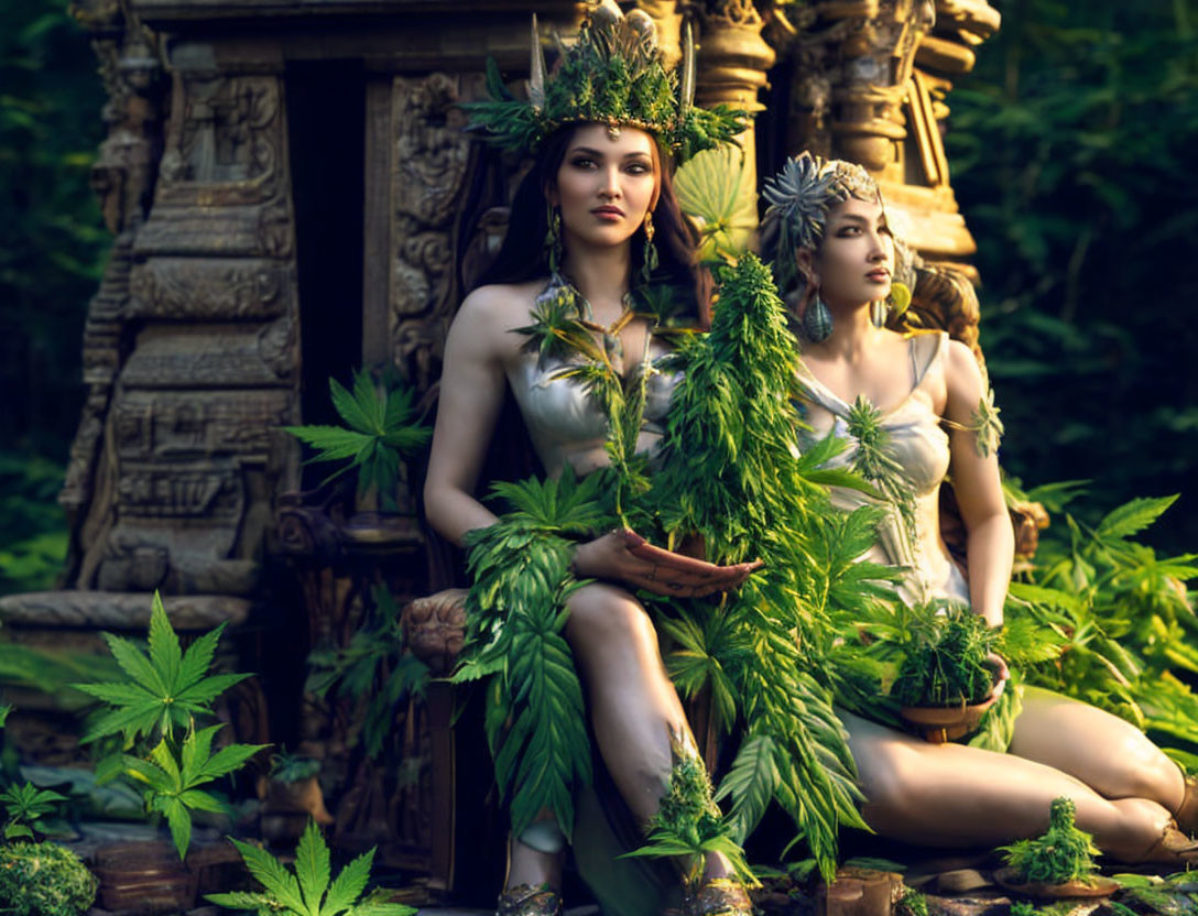 Women with leaves posing in front of ancient temple in lush setting