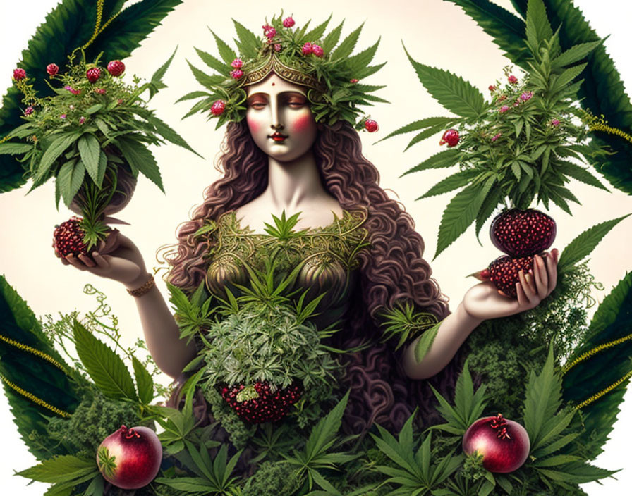 Woman with Crown Surrounded by Cannabis Leaves Holding Pomegranates