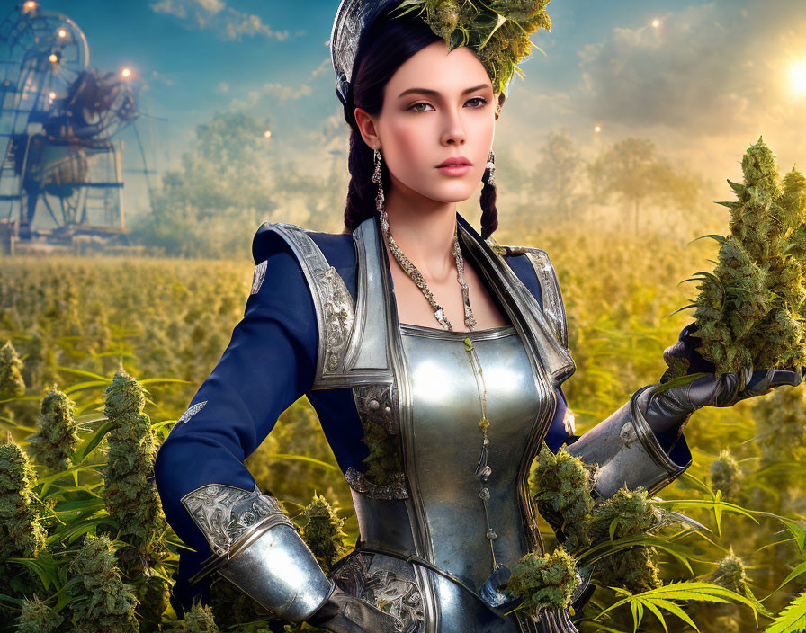 Medieval woman in armor surrounded by cannabis plants and ferris wheel.