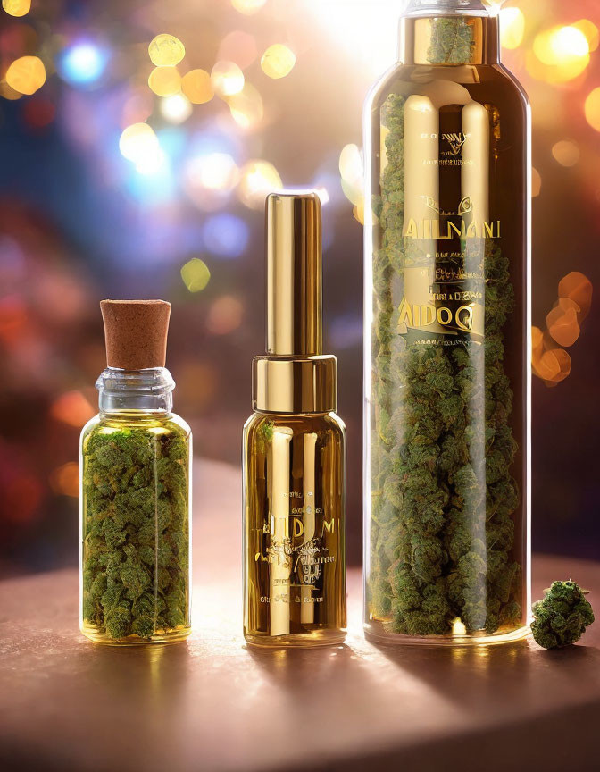 Cannabis-Infused Cosmetic Bottles with CBD Oil, Buds, and Gold Atomizer