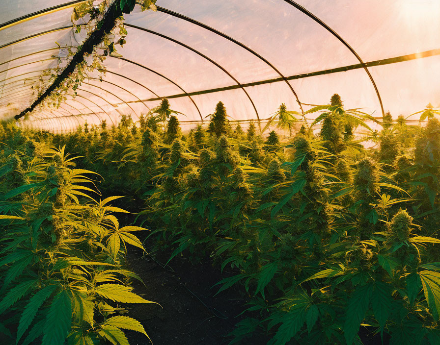 Sunlit Greenhouse with Tall Cannabis Plants in Cultivation