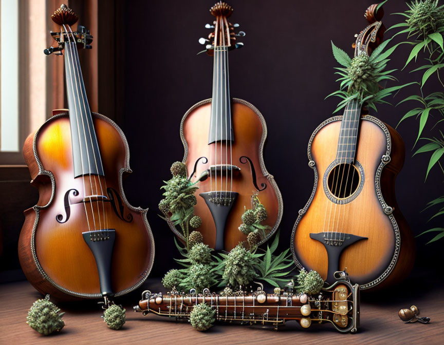 Violin, Viola, and Charango with Cannabis Plants on Wooden Surface