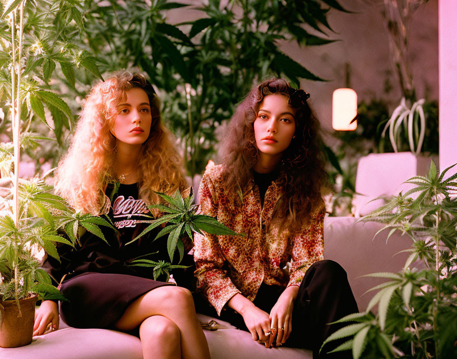 Two women in pink room surrounded by green plants