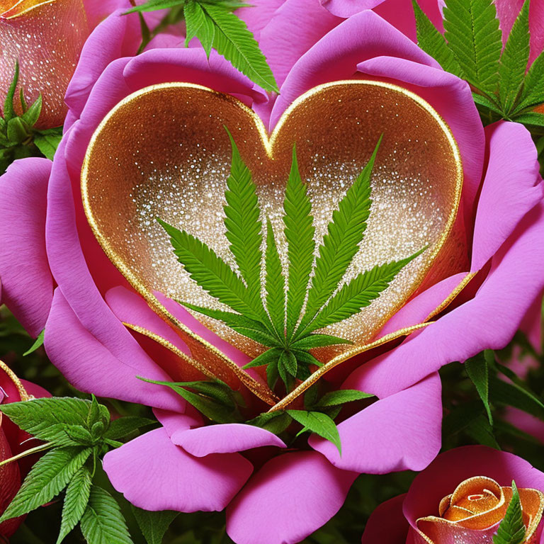 Colorful floral arrangement with pink roses, golden heart, and green cannabis leaf on foliage.