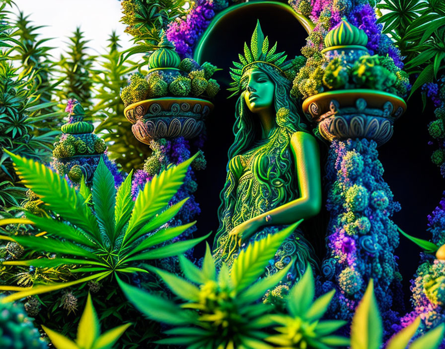 Vibrant artwork of green female figure with plant motifs & cannabis leaves