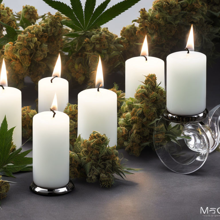 Cannabis buds and candles on reflective surface with marijuana leaf in background.