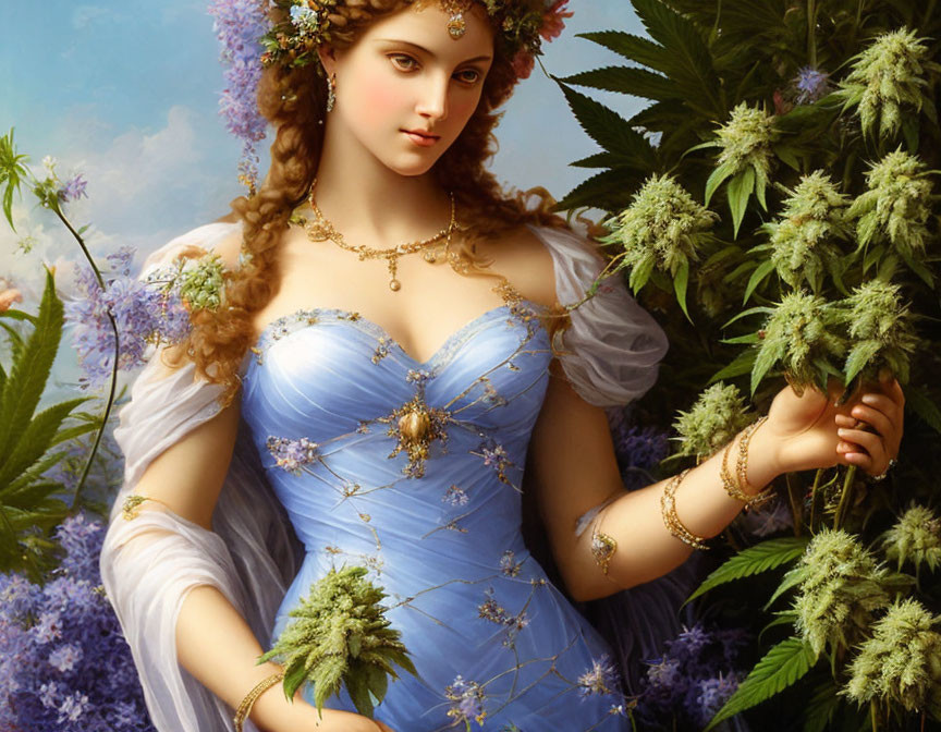 Woman in Blue Gown with Gold Adornments Surrounded by Green Foliage