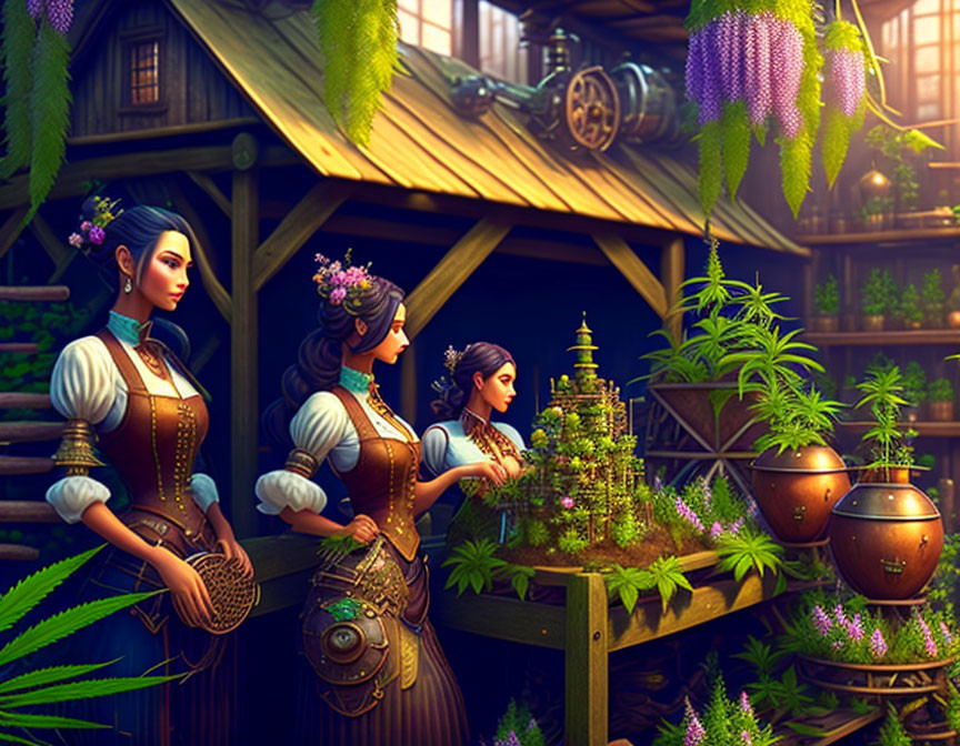 Three Women in Renaissance Attire Tending Plants in Lush Greenhouse