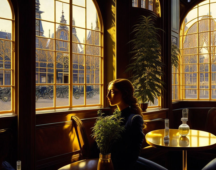 Woman sitting by window in warmly lit room with plant and glasses on table