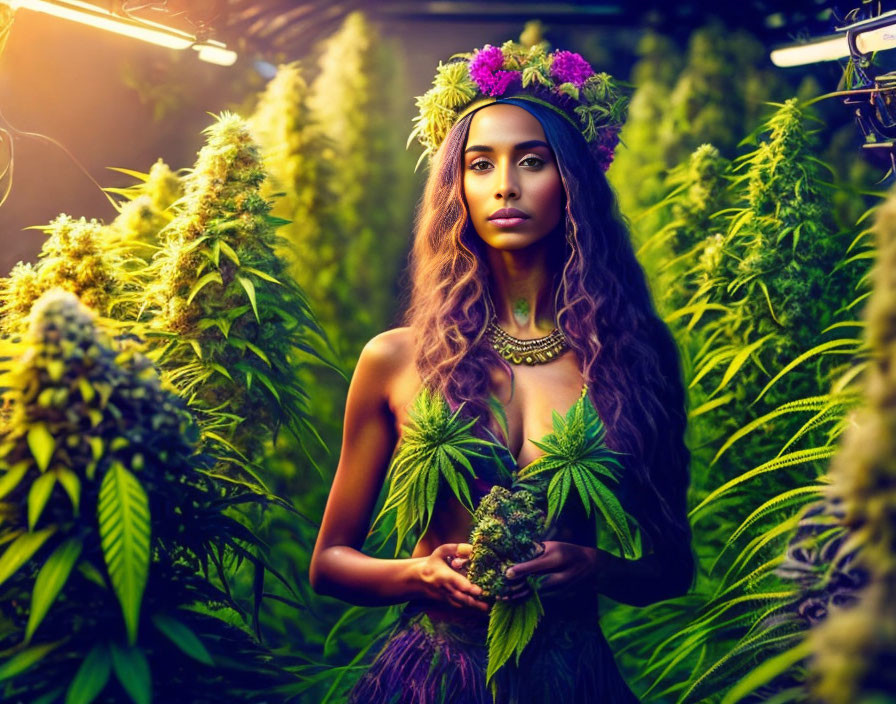 Woman with floral headpiece surrounded by cannabis plants in warm lighting