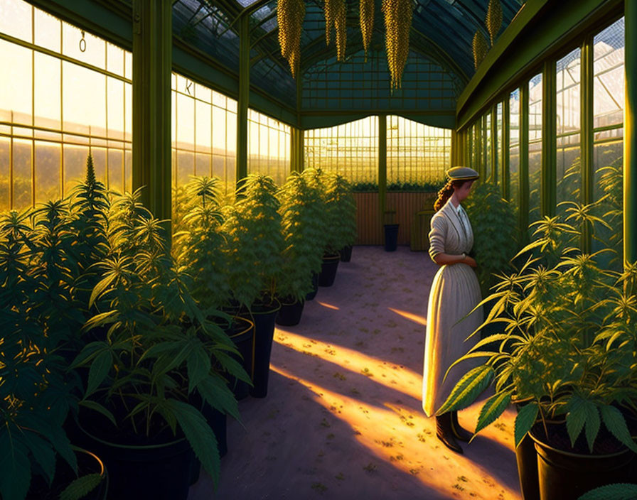 Vintage-clad woman in sunlit greenhouse with potted plants.