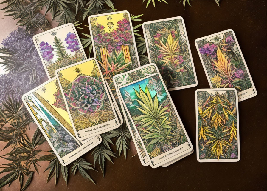 Botanical Illustration Tarot Cards on Table with Leaves