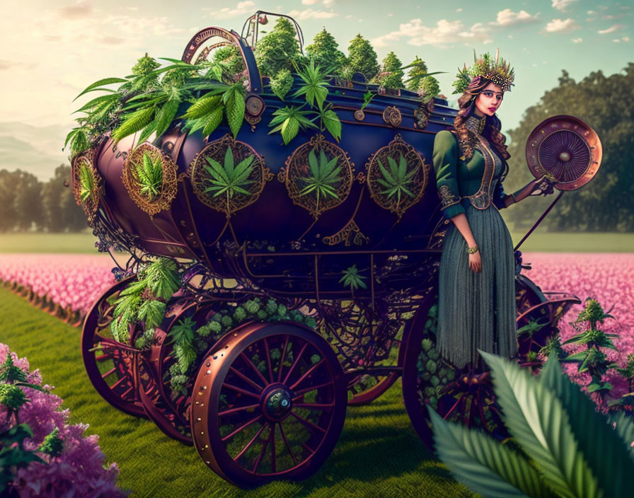 Whimsical vintage outfit woman with fantastical cart and lush green plants