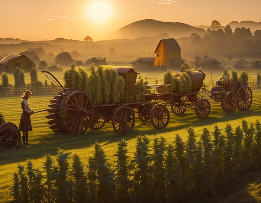 Historical woman in period attire at cannabis farm with golden light and rustic setting.