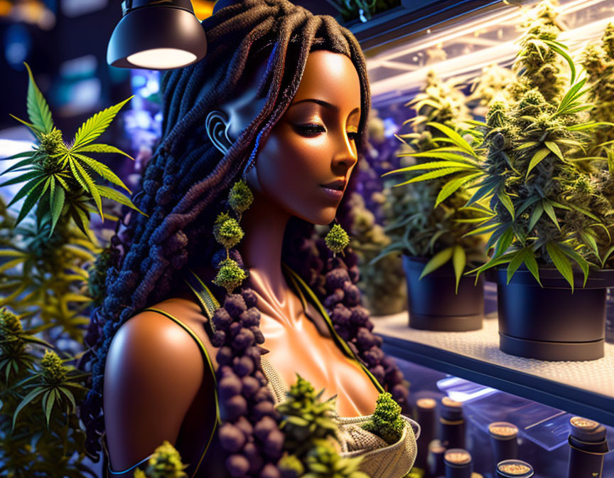 Illustration of woman with braided hair near cannabis plants under artificial lights