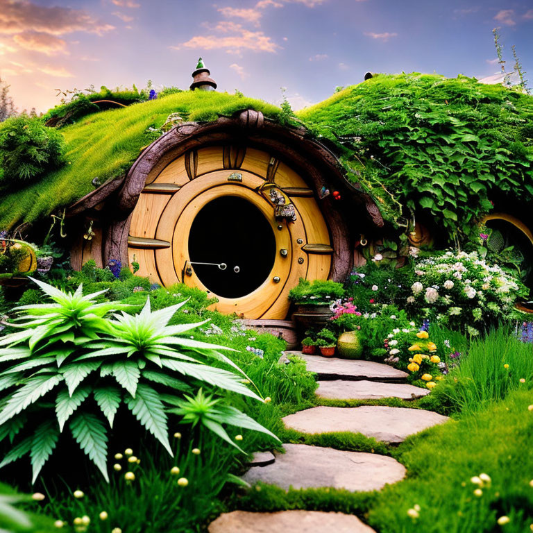 Quaint hobbit-style house in lush garden under hill