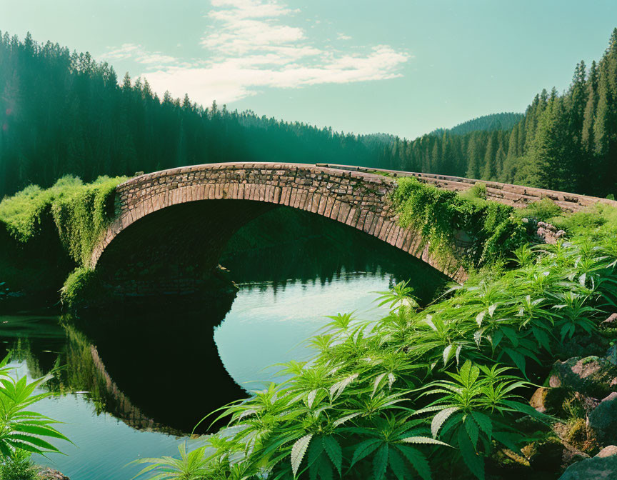 Ancient stone bridge over serene river in lush greenery