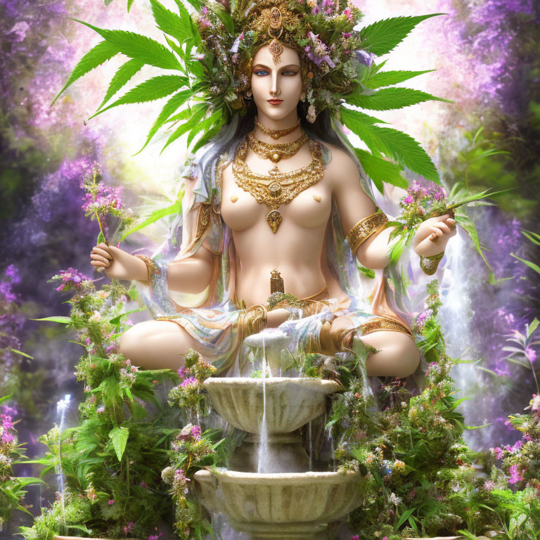 Fantastical multi-armed female figure with cannabis crown in lush fountain setting