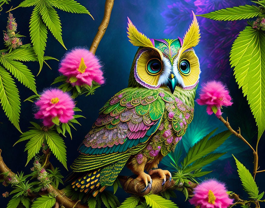 Colorful whimsical owl surrounded by pink flowers and lush greenery.