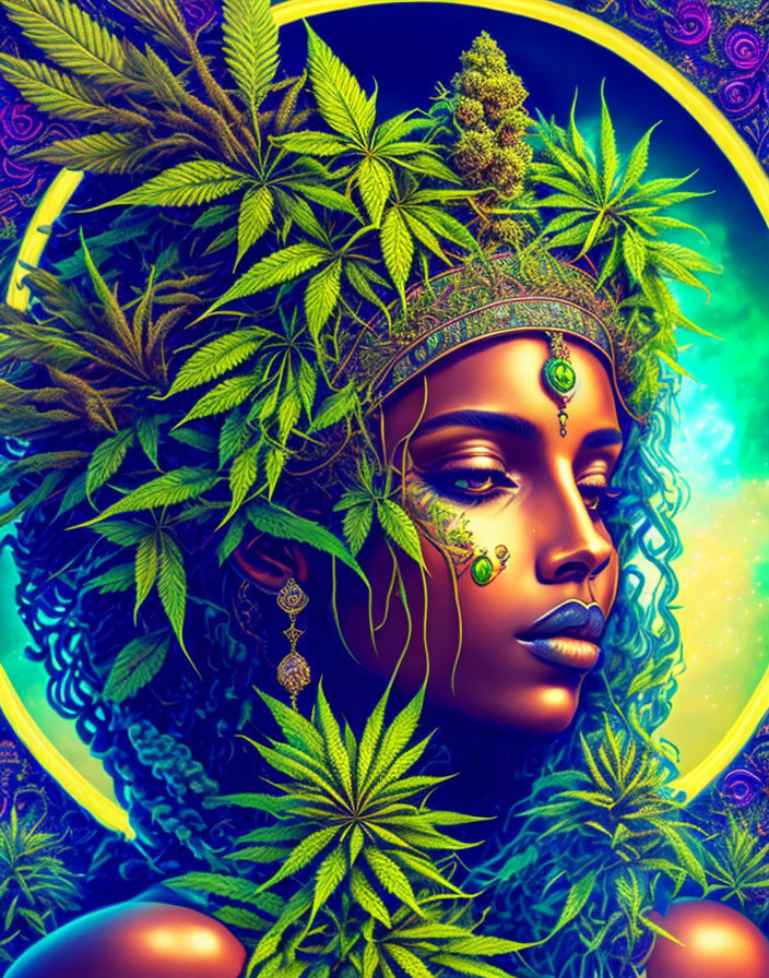 Colorful artwork of a woman with cannabis leaves on a psychedelic moonlit background