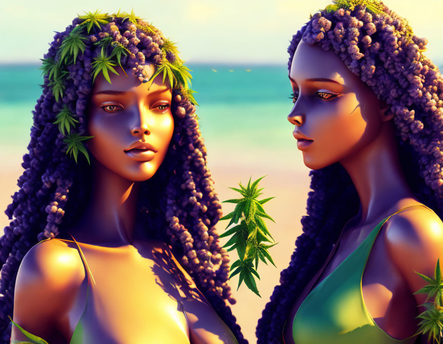 Stylized women with grapevine-like hair on sunny beach