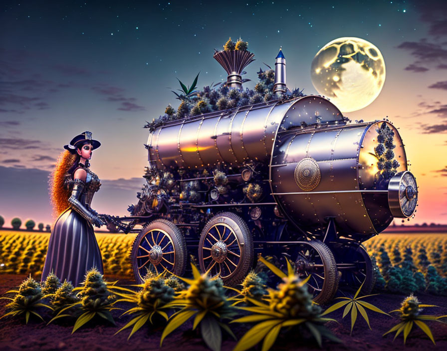 Victorian-style woman with steam-powered machine in moonlit field