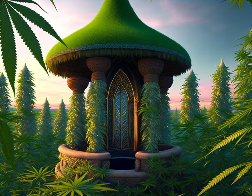 Whimsical fantasy mushroom house with green cap, ornate door, and balcony nestled among oversized fern