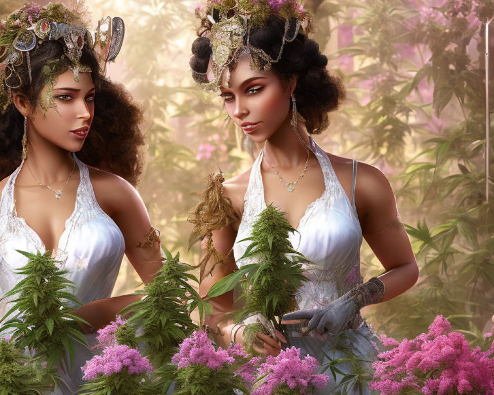 Two women in ornate headpieces caring for vibrant purple flowers in a lush greenhouse.