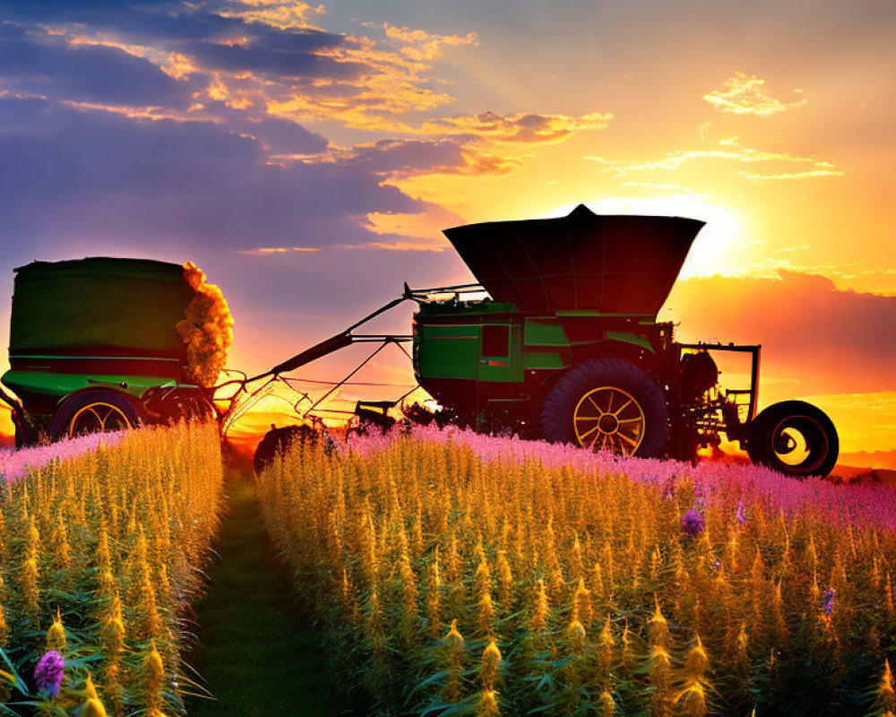 Combine harvester harvesting wheat in golden field at sunset