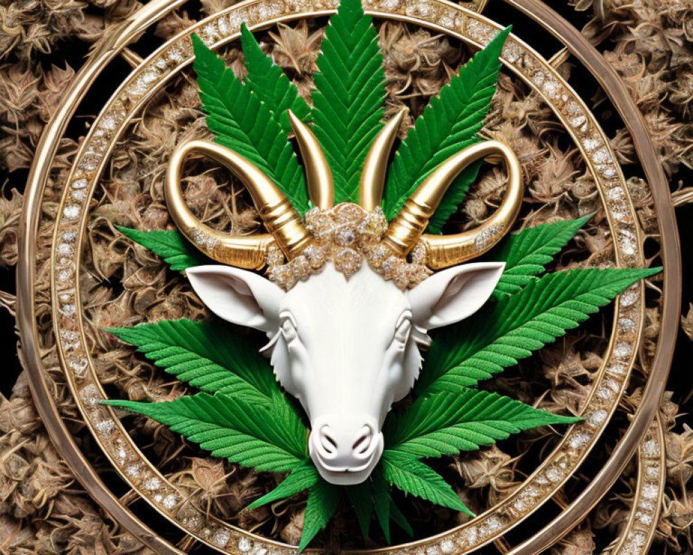 Golden-horned white goat emblem on green cannabis leaf background