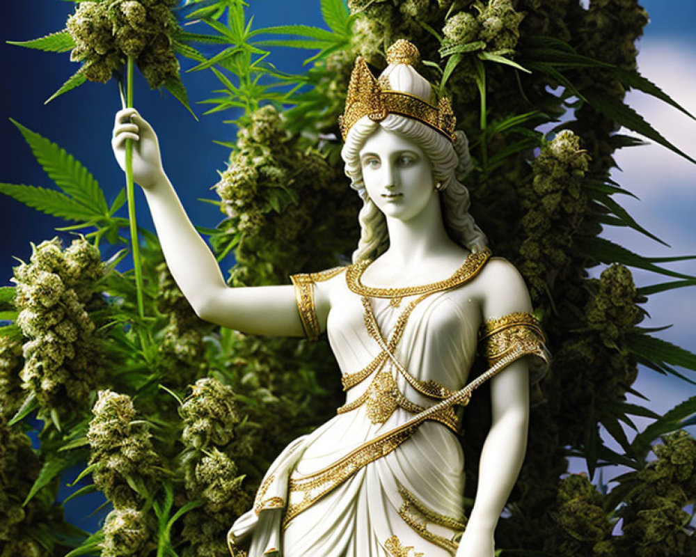 Greek Goddess Statue Among Marijuana Buds on Blue Background