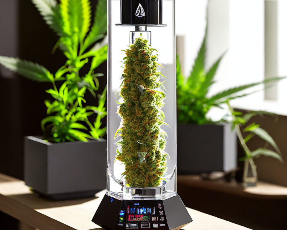 Cannabis Bud in Clear Container with Digital Interface in Plant-filled Room