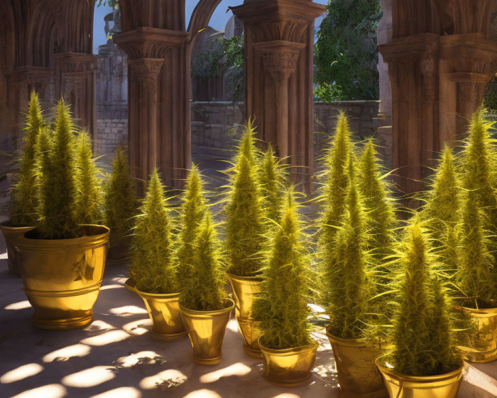 Sunlight filtering through an arcade onto potted conical shrubs in a serene cloister garden