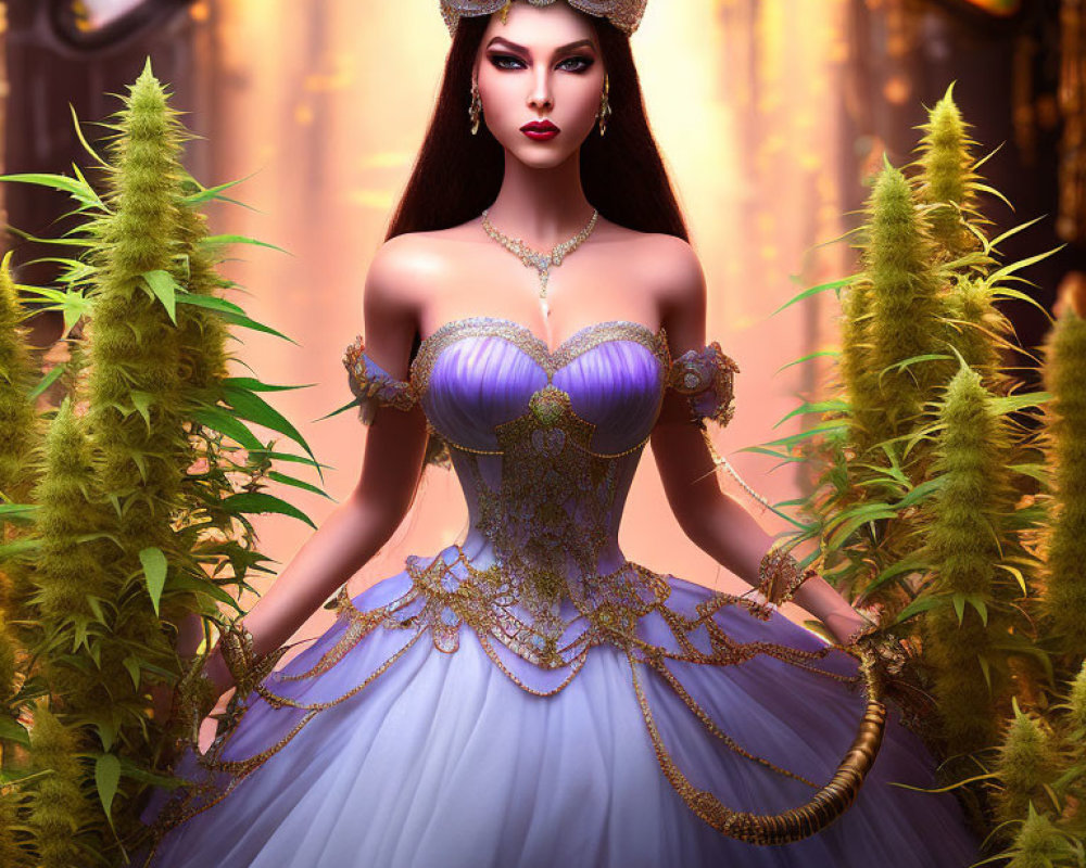 Regal female figure in purple and blue gown with tiara in mystical setting