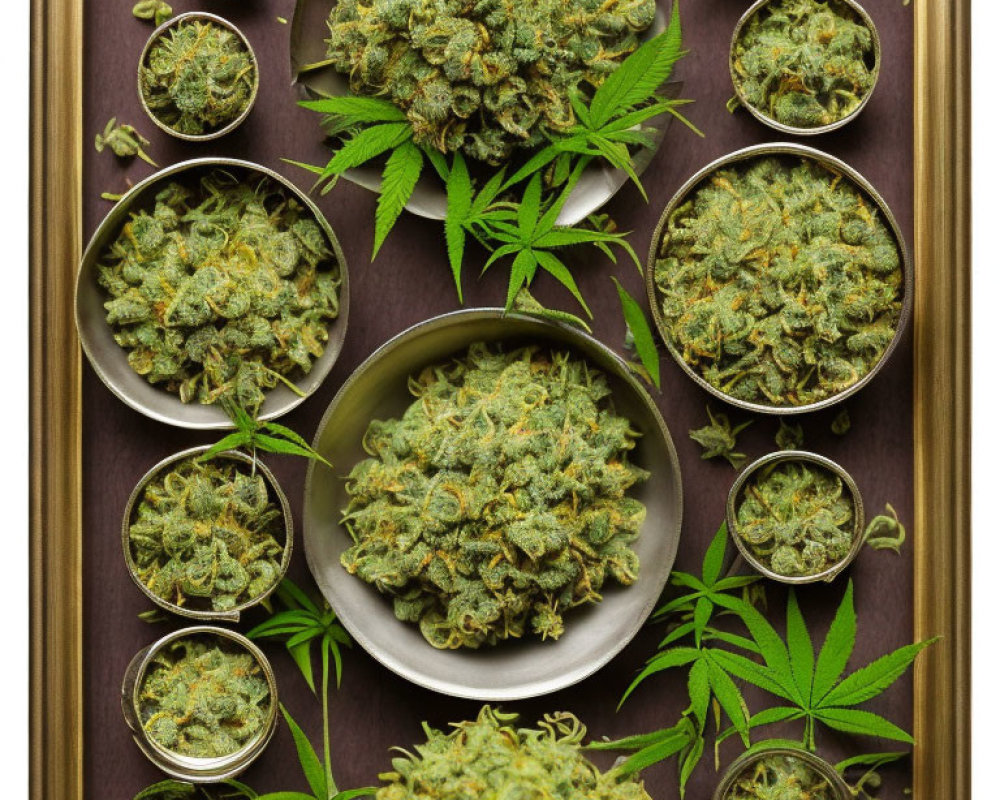 Assorted cannabis buds and leaves on wooden tray