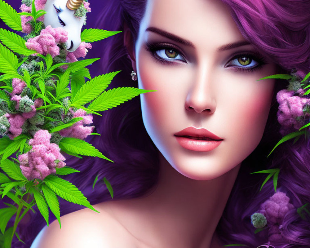 Digital Art: Woman with Purple Hair, Cannabis Leaves, Flowers, and Unicorn Cat