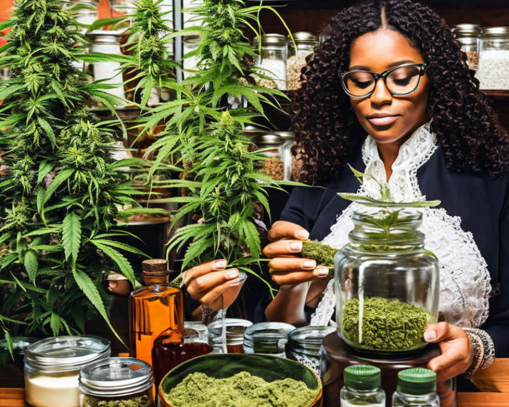 Woman examining jar among cannabis plants and products on wooden table