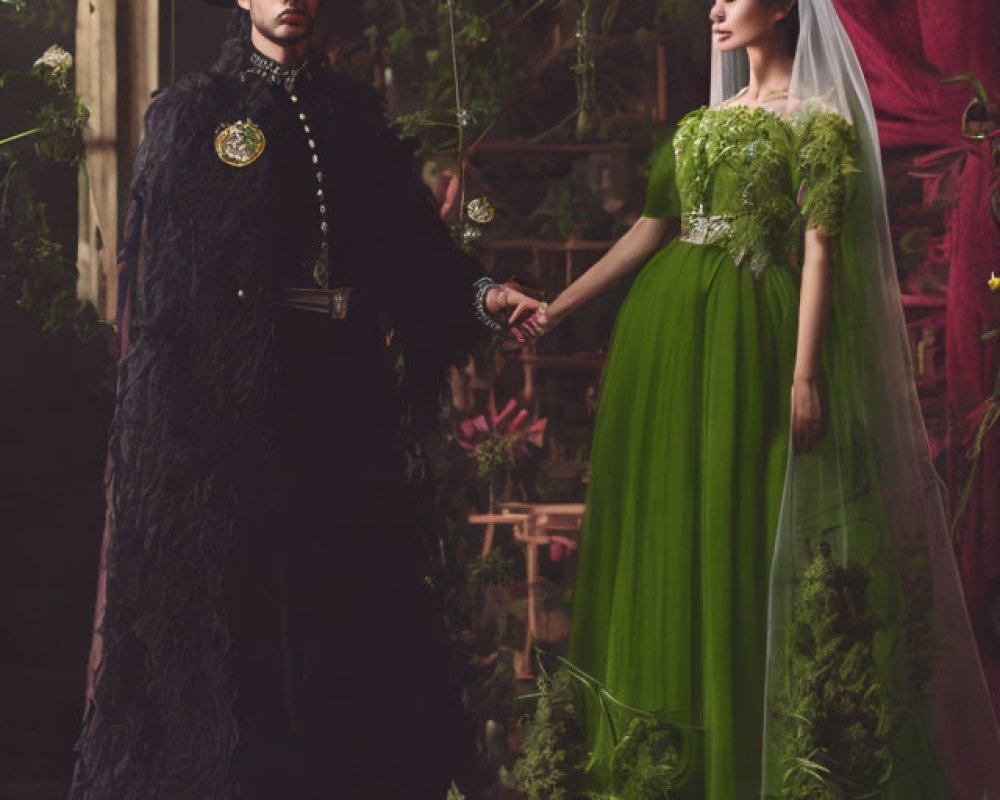 Man in black outfit and woman in green dress with veil holding branches in dark, plant-filled setting