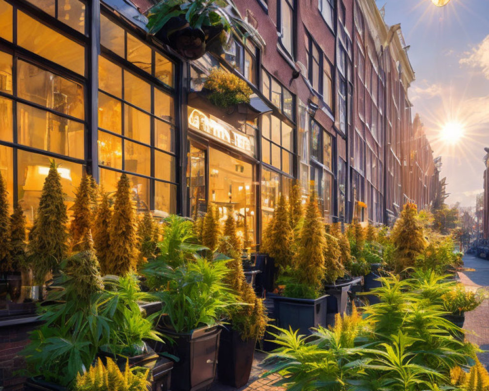 Warmly lit café and lush green plants in cozy street view at sunset